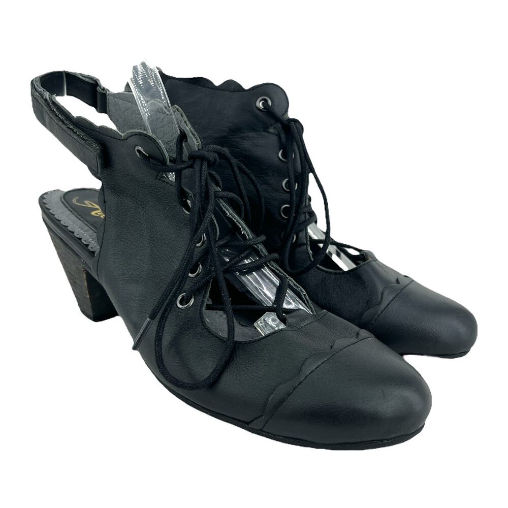 Anesha (8.5) (39) Cutie Womens Black Faux Leather Lace Up Caged Wood Heels Shoes